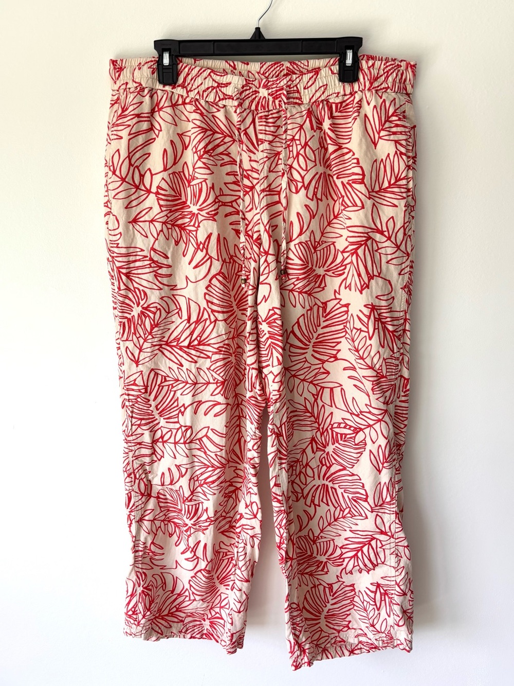 Lane Bryant Cream Linen Blend Drawstring Wide Leg Pants Red Leaf Tropical Beach